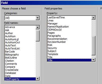 A screenshot showing Word's insert field dialog. The DocProperty field name is choosen and the second Title entry is also selected
