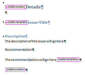 A screenshot showing the template layout with the XML tags applied to the different sections